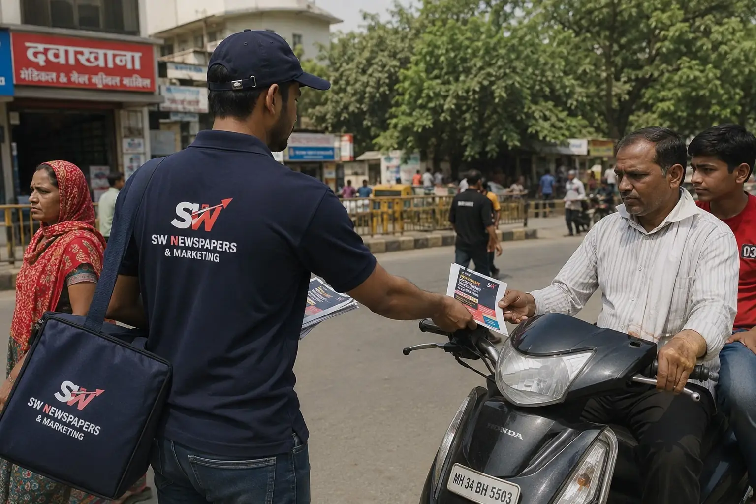 Pamphlet distribution to two-wheeler rider